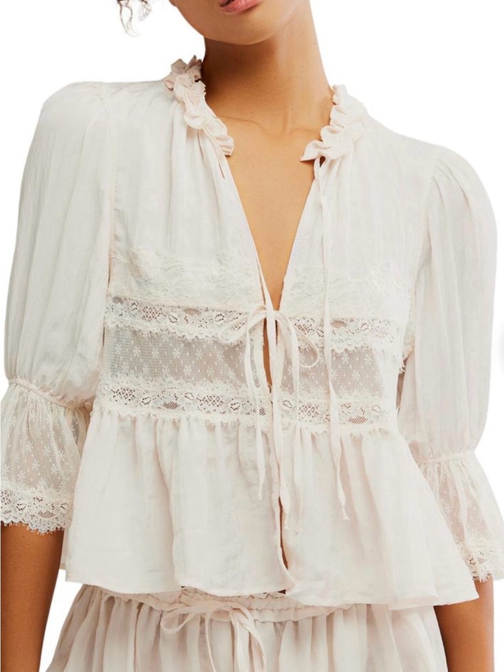 Free People Cream Lace-Trim Peasant Top